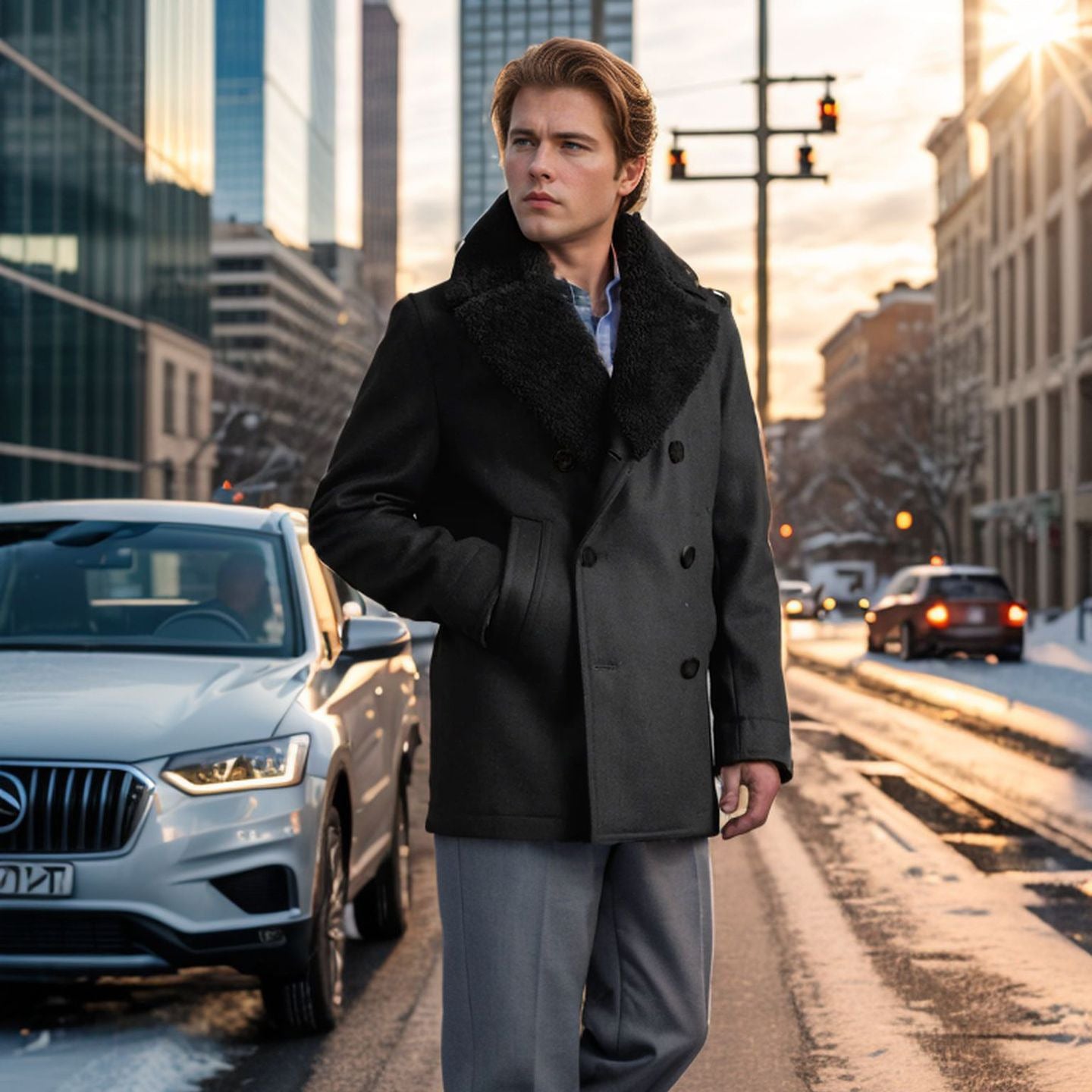 Herren Wollmantel Doppelreihen Teddyfellkragen Modern
