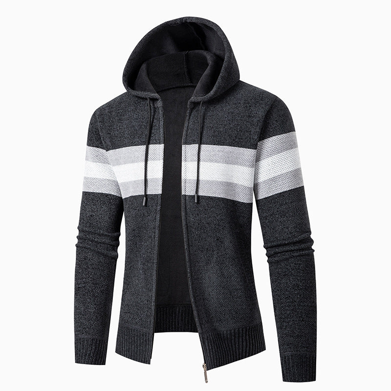 Herren Strickjacke Lässig Mit Kapuze Kontraststreifen Modern