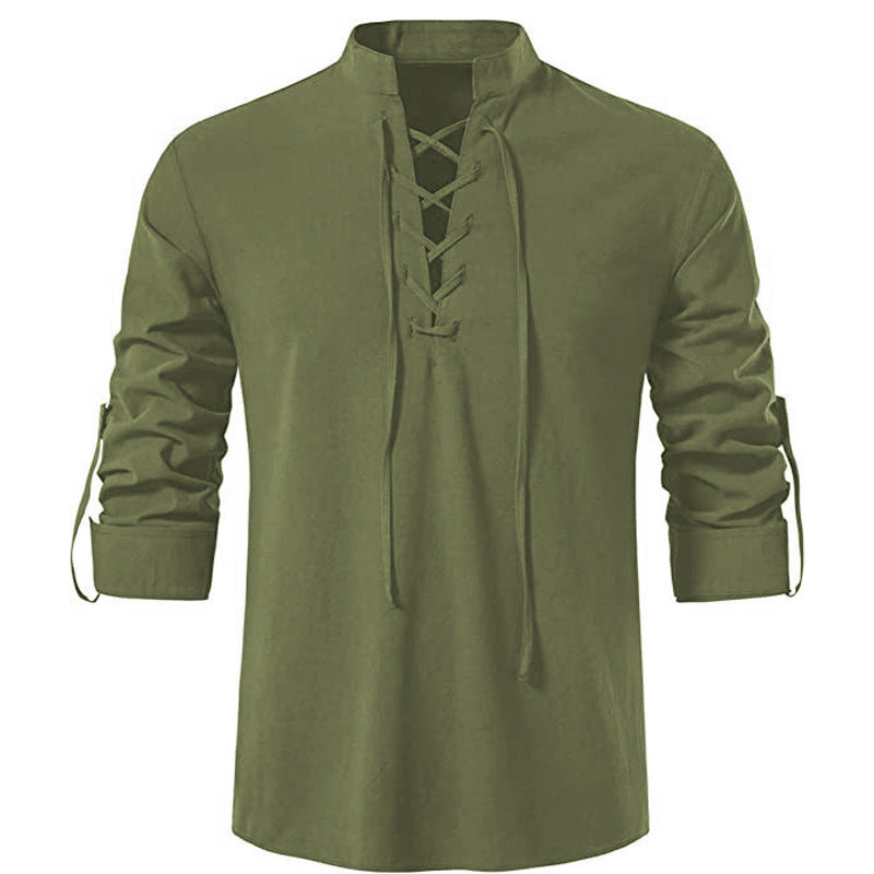 Herren Langarmhemd Modern Schnürfront Baumwolle