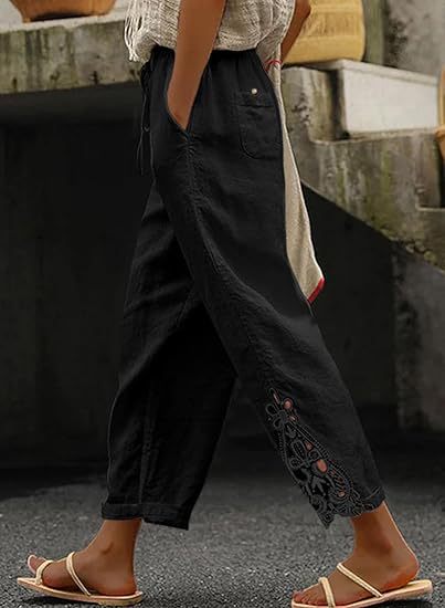 Leinenhose Damen Sommer Leicht Stickerei Modern
