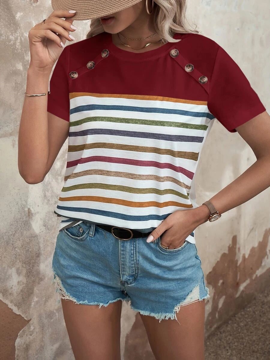 Damen T-Shirt Gestreift Rundhals Modern - BerlinGlamour
