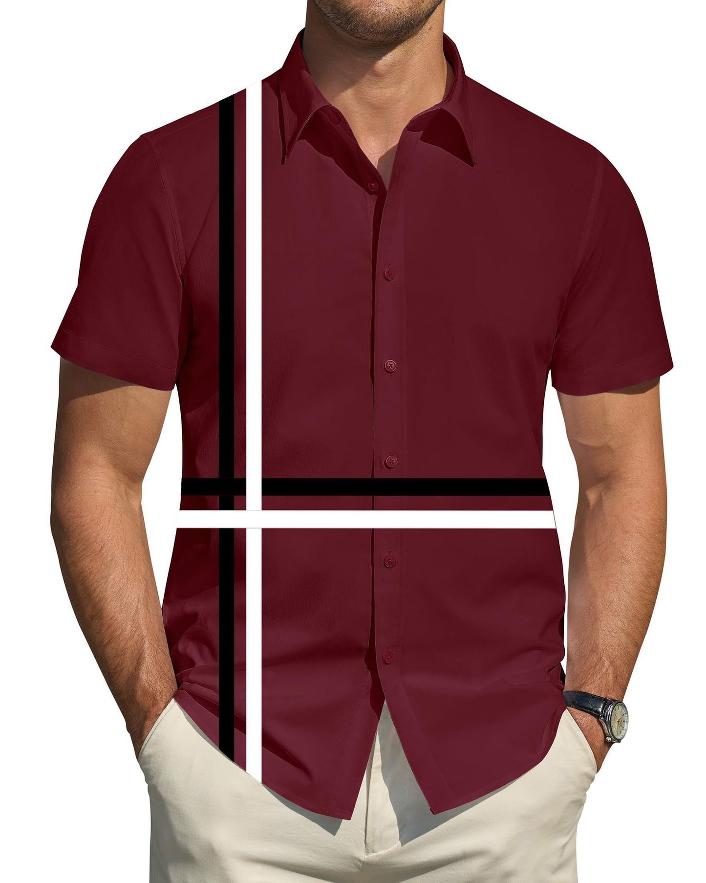 Herren Kurzarmhemd Elegantes Linienmuster Modern Slim Fit