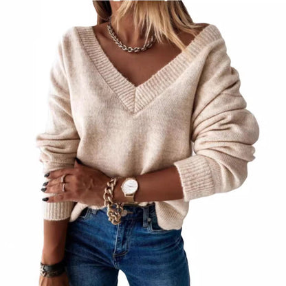 Damen Pullover Weich Lässig V-Ausschnitt Strick