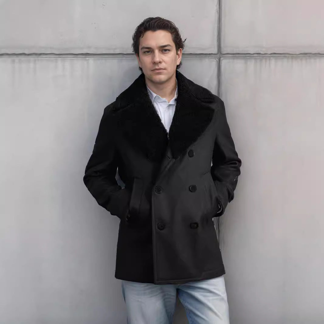 Herren Wollmantel Doppelreihen Teddyfellkragen Modern