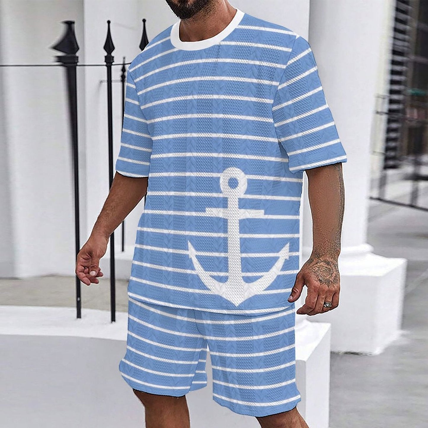 Herren Freizeitanzug Set Nautisch Marineblau Mit Anker Muster