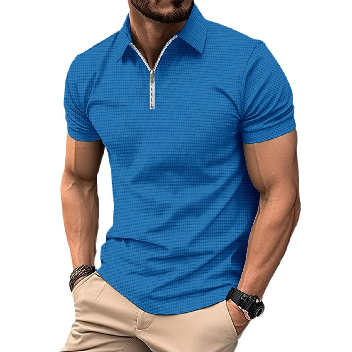 Herren Poloshirt Kurzarm mit Reißverschluss Modern Strukturiert
