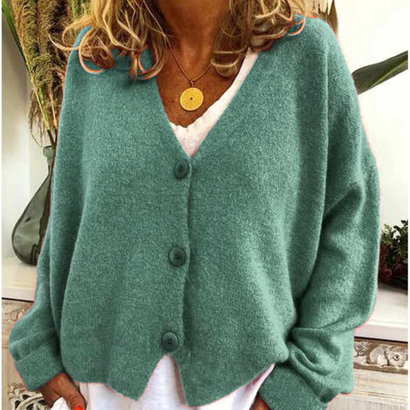 Damen Strickcardigan Lässig V-Ausschnitt Große Knöpfe