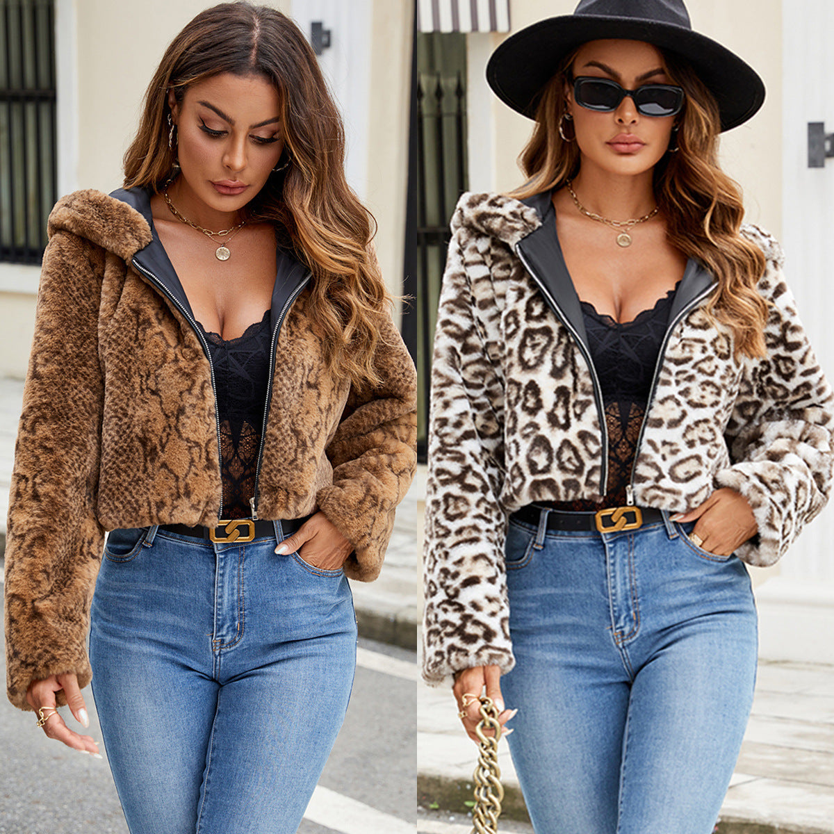 Damen Kunstfelljacke Modern mit Kontrast Details Schwarz - BerlinGlamour