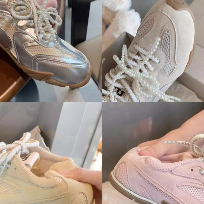 Damen Sneaker Sportlich Perlen Schnürsystem Schwarz