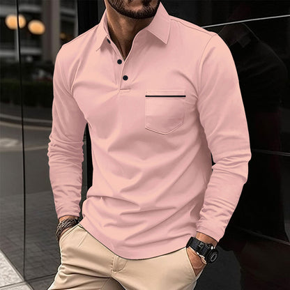Herren Polohemd Langarm mit Stehkragen und Brusttasche Modern