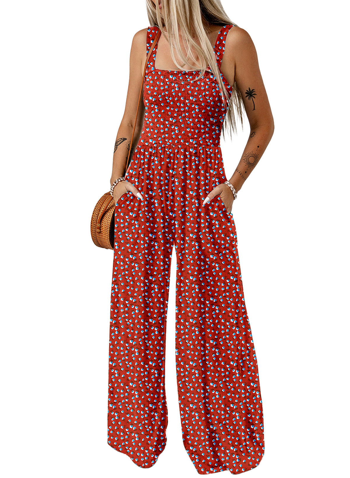 Damen Jumpsuit Frühling Blumenmuster Weites Bein Elegant