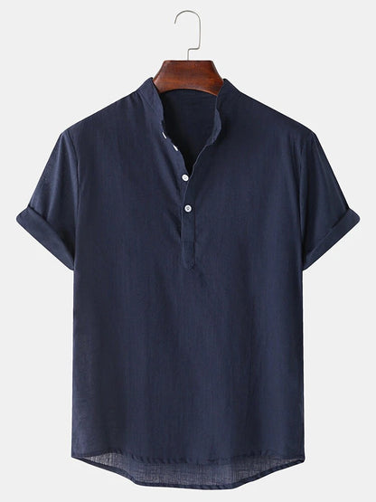 Herren Hemd Kurzarm Modern Henley Ausschnitt Baumwolle