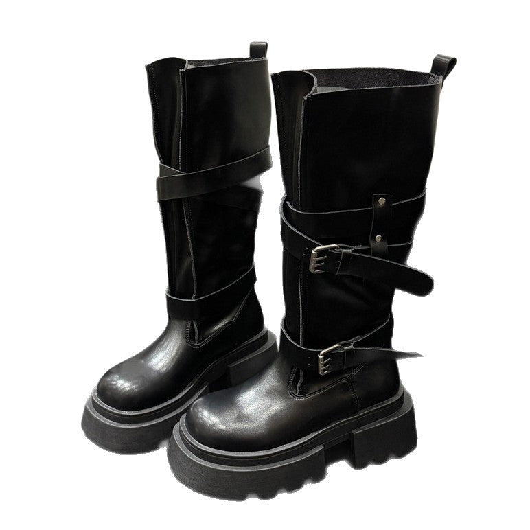 Damen Stiefel Hoch Plateau Riemen Boots Schwarz