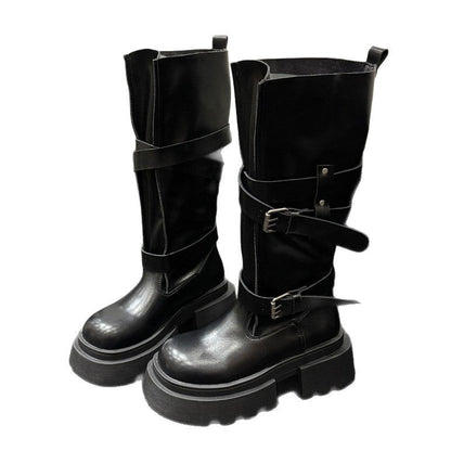 Damen Stiefel Hoch Plateau Riemen Boots Schwarz