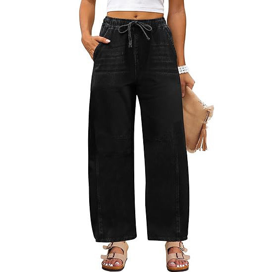 Damen Jeanshose Weite Bein Elastischer Bund
