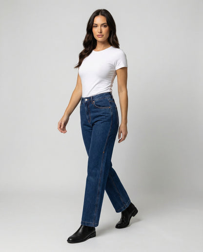 Hohe Damenjeans Blau Gerade Vintage Style