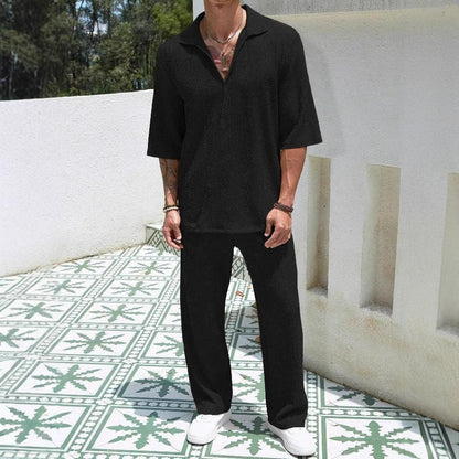 Herren Freizeitanzug Bequem Relaxed Fit mit Struktur Oberteil und Weite Hose