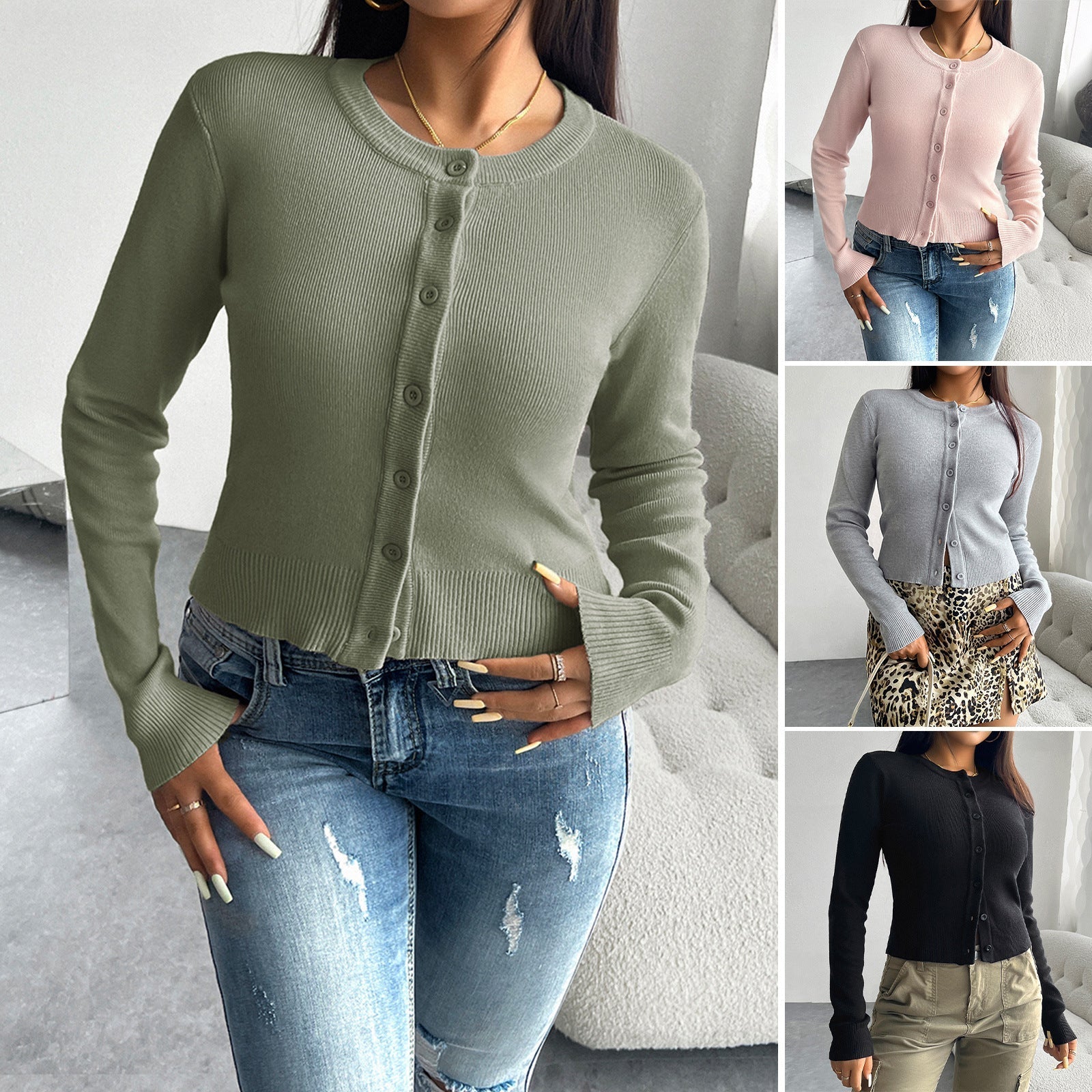 Damen Cardigan Fein Rippenmuster Knopfverschluss Modern - BerlinGlamour