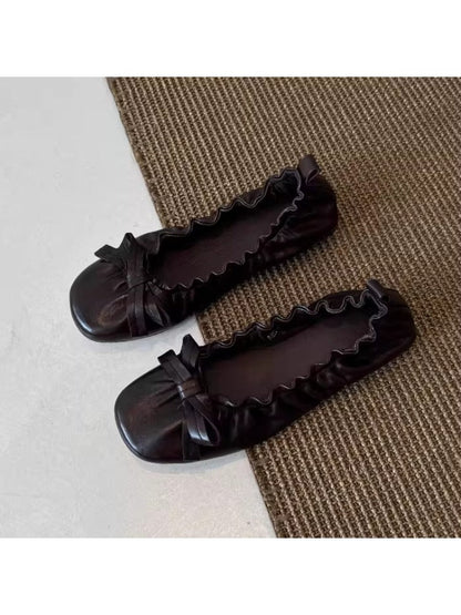 Damen Ballerinas Elastisch Rüschen Schleifen Detail