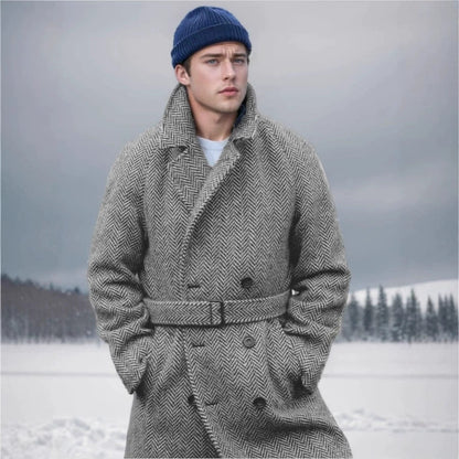 Herren Wollmantel Elegante Optik Herringbone Muster Doppelrevers