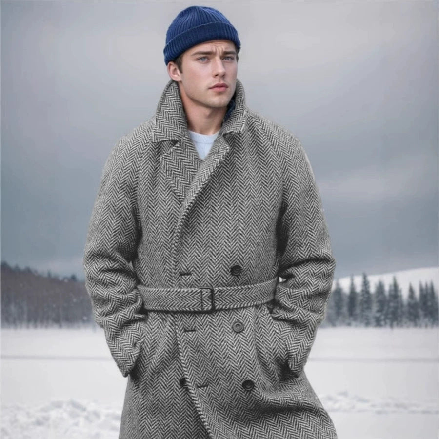 Eleganter Herren Wollmantel Fischgrat Muster Modern