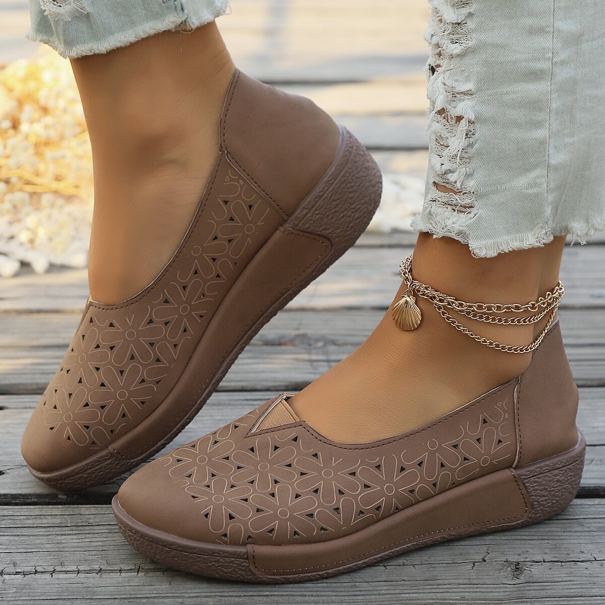 Damen Slip-On Schuhe Bequem Floralmuster Frauen Schuhe