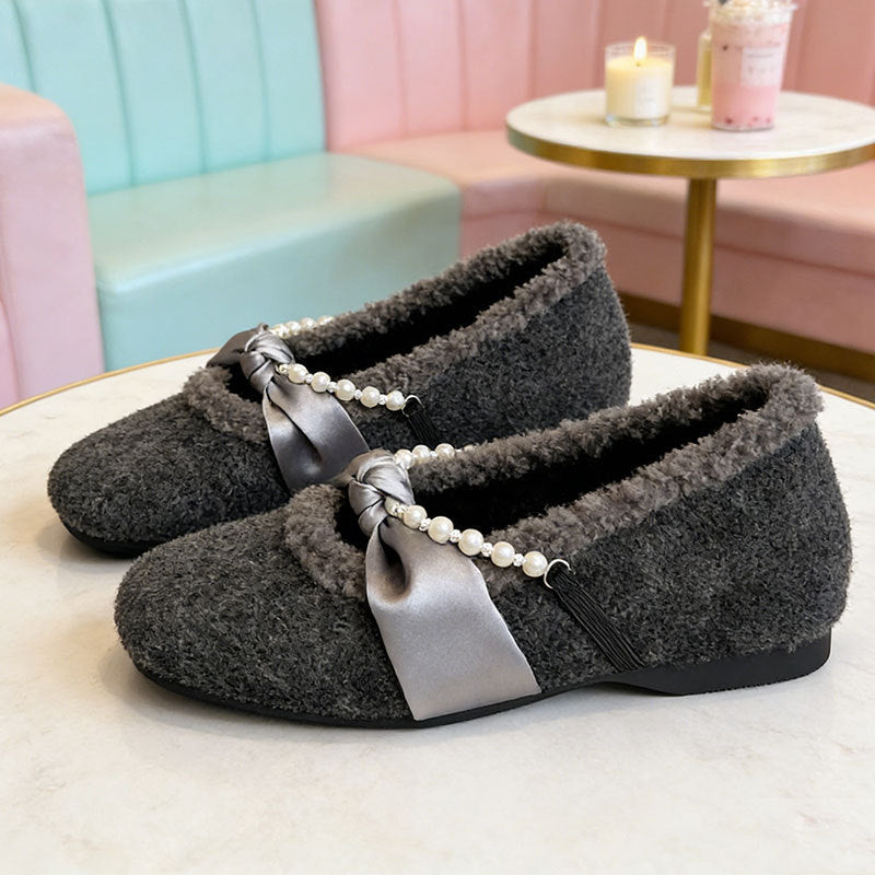 Damen Hausschuhe Flauschig Warm mit Perlen Elastisch