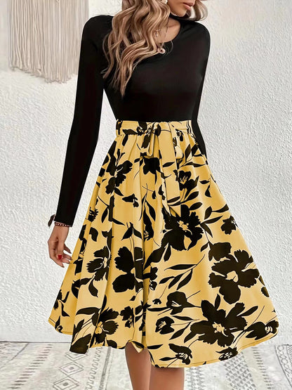Damenkleid Elegantes Midikleid Floral Gesmoktes Oberteil Damenmode