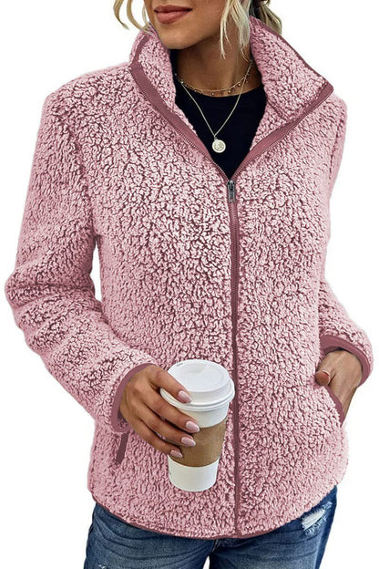 Damen Fleecejacke Flauschig Warm mit Kragen und Taschen