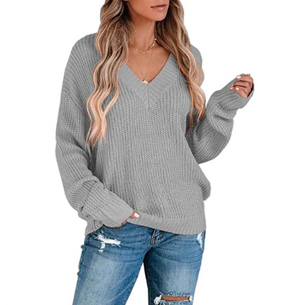 Damen Pullover Feinstrick V-Ausschnitt Lässig Elegant