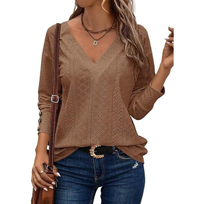 Damen Bluse V-Ausschnitt Langärmlig Gehäkelt Elegannt