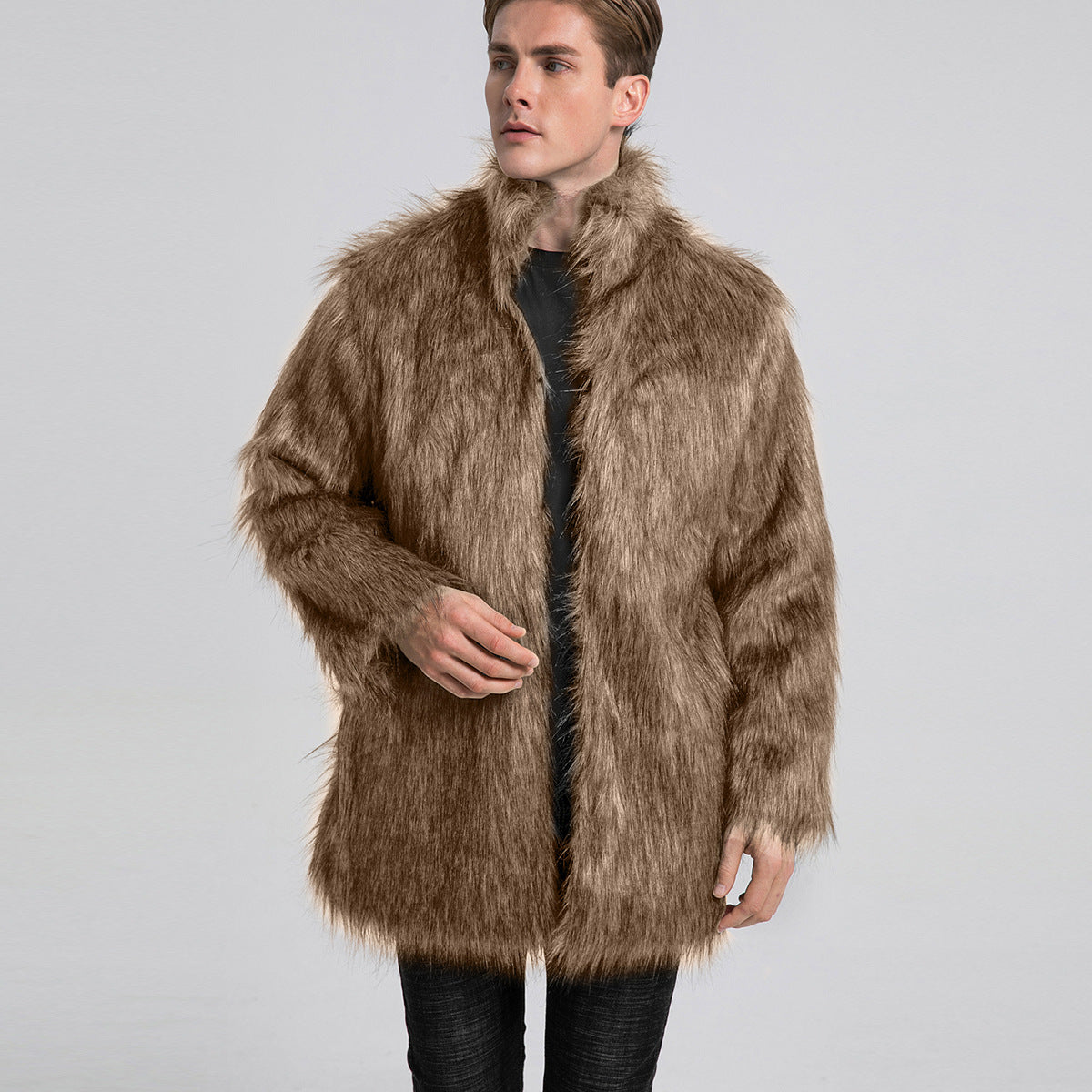 Herren Kunstfellmantel Lang Open Kragen Elegant Schwarz