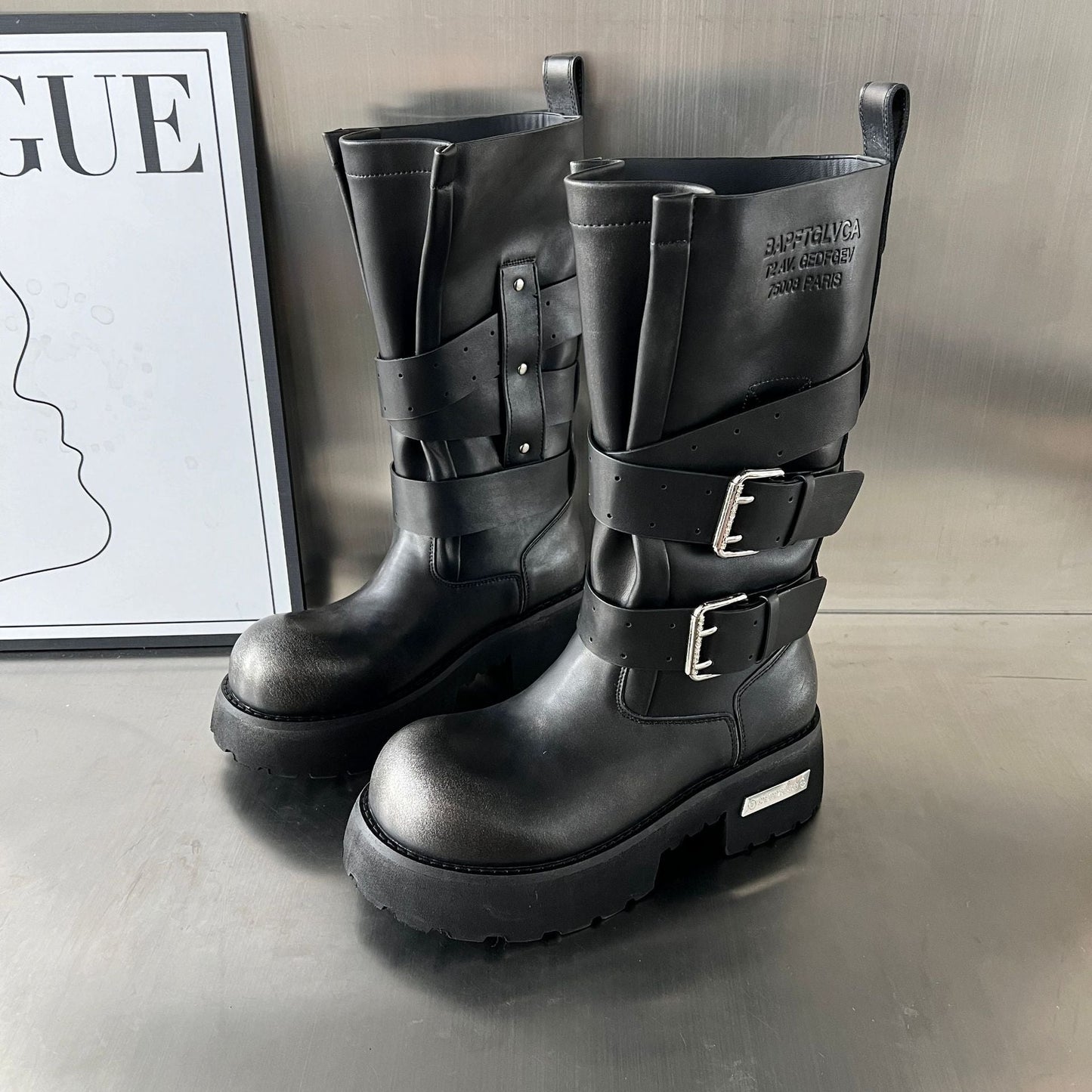 Damen Biker-Stiefel Robust Schnalle Verstellbar Schwarz Lederschuhe