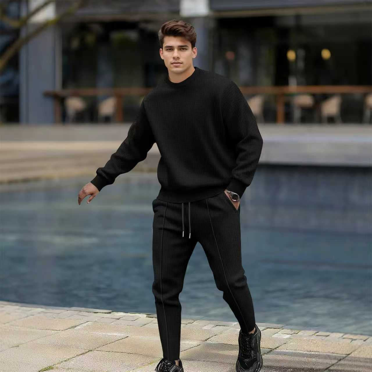 Herren Strickpullover Set Bequem Jogginghose Grau