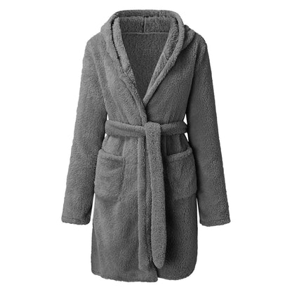 Weicher Damen Fleece Bademantel mit Kapuze und Gürtel