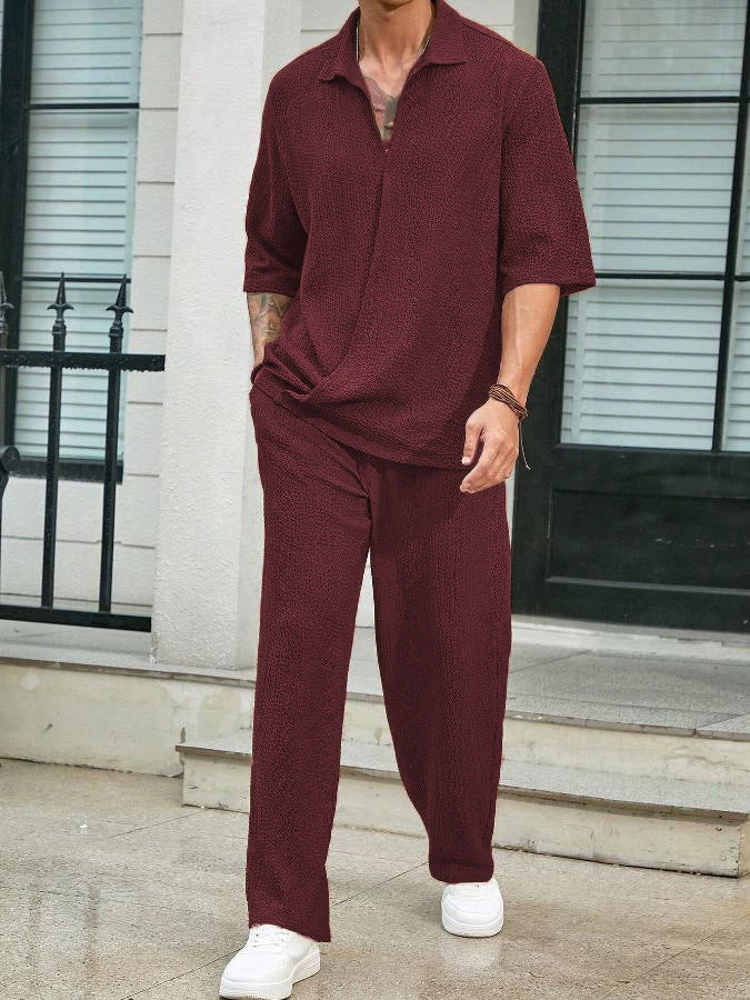 Herren Freizeitanzug Bequem Relaxed Fit mit Struktur Oberteil und Weite Hose