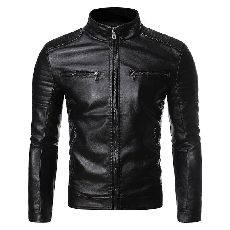 Lederjacke Herren Bikerstil mit Reißverschluss und Taschen Schwarz