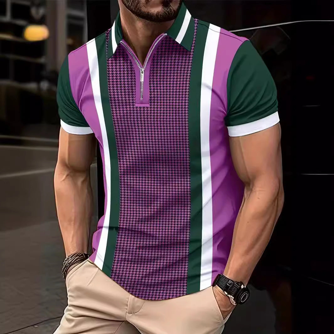 Herren Poloshirt Kurzarm Karomuster Modern Stehkragen
