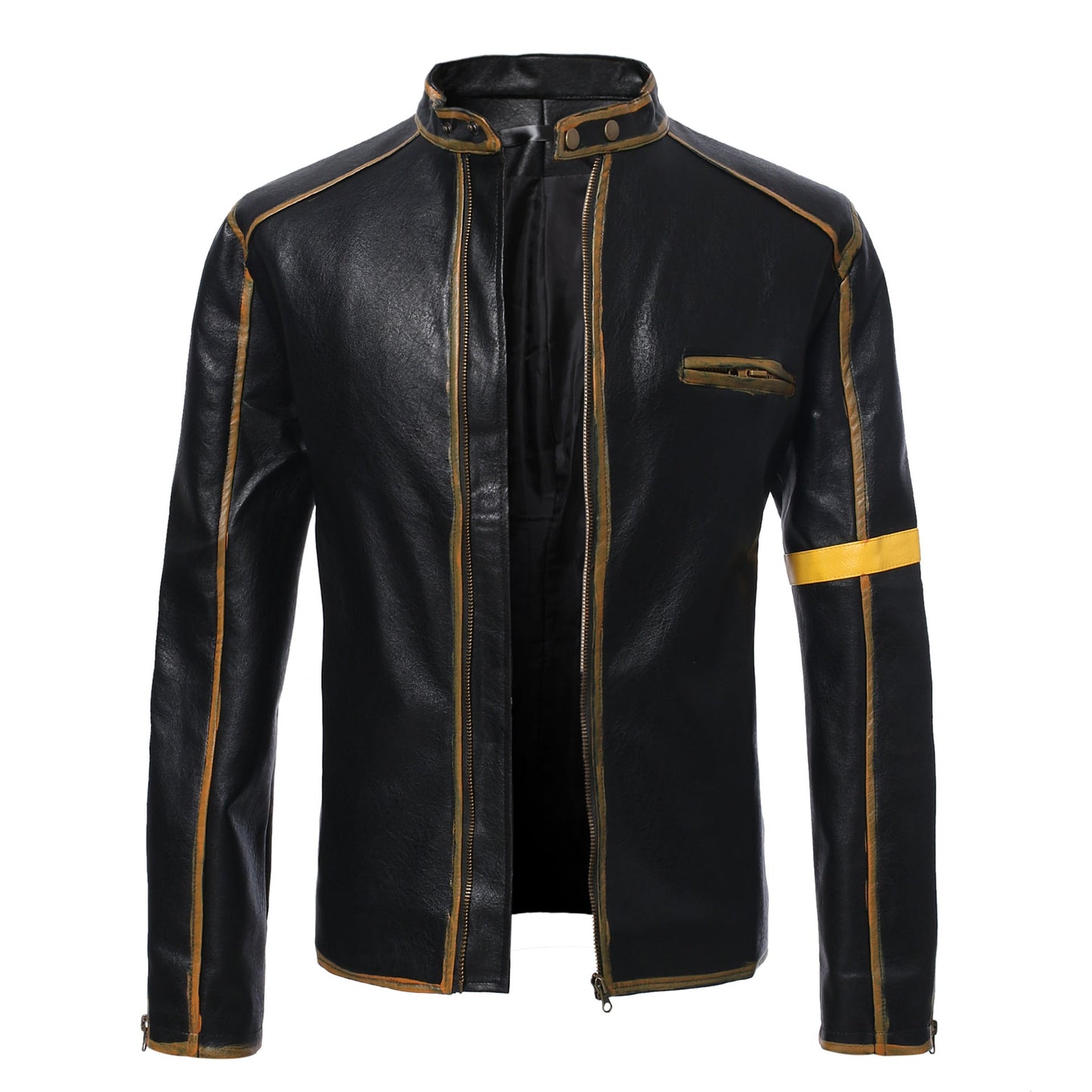 Lederjacke Herren Stehkragen Schwarz Ledermantel
