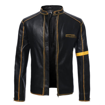 Lederjacke Herren Stehkragen Schwarz Ledermantel
