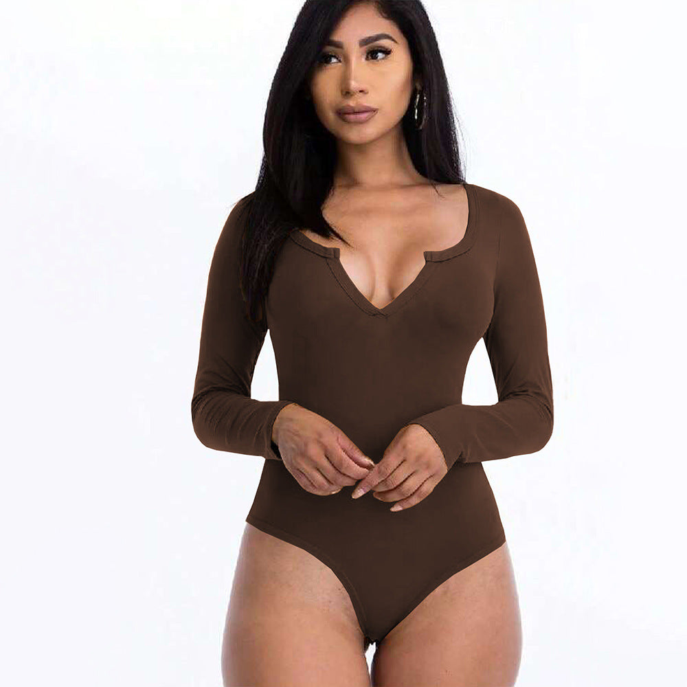 Damen Body V-Ausschnitt Langarm Sexy