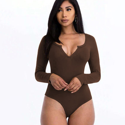 Damen Body V-Ausschnitt Langarm Sexy