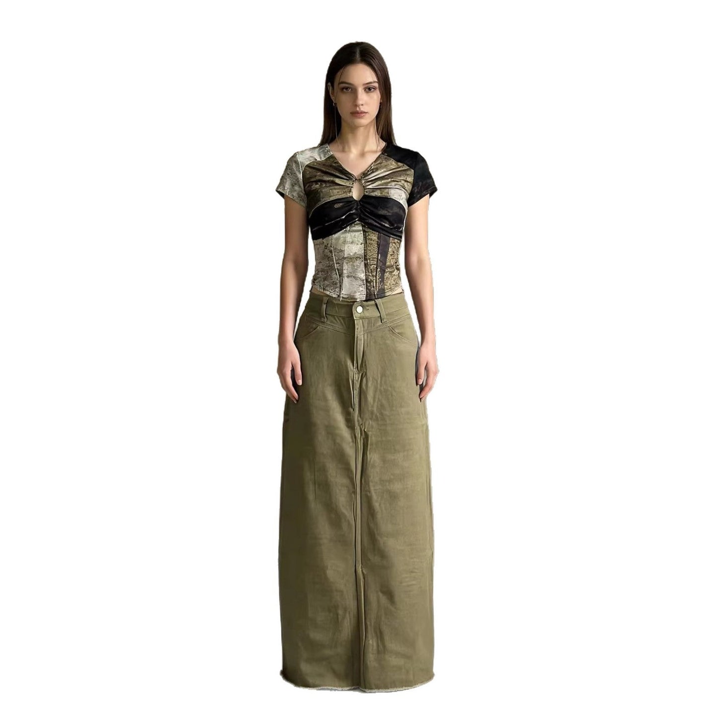 Damen Maxi-Rock Jeans Hochwerder mit Fransen