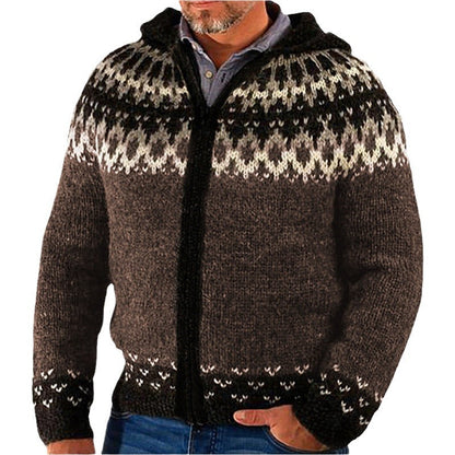 Herren Strickjacke Norweger Muster Kapuze Warm