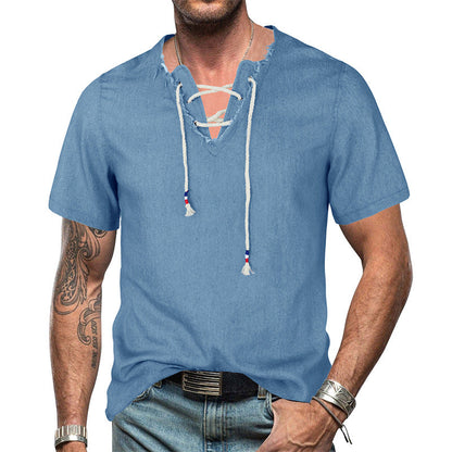 Herren T-Shirt Kurzarm V-Ausschnitt Modern Schnürung - BerlinGlamour
