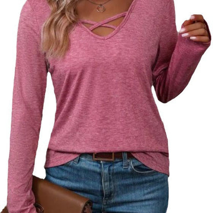 Damen Shirt Langarm Kreuzausschnitt Elegantes Oberteil
