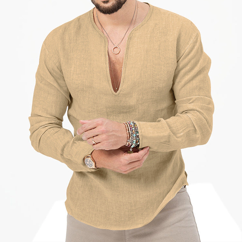 Herren Leinenhemd V-Ausschnitt Sommer FreizeitstyleType