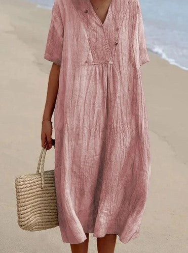 Damen Midi-Kleid Bequem V-Ausschnitt Kurzärmlig Sommerkleid