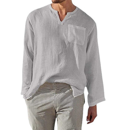 Herren Leinenhemd Langarm V-Ausschnitt Elegant - BerlinGlamour
