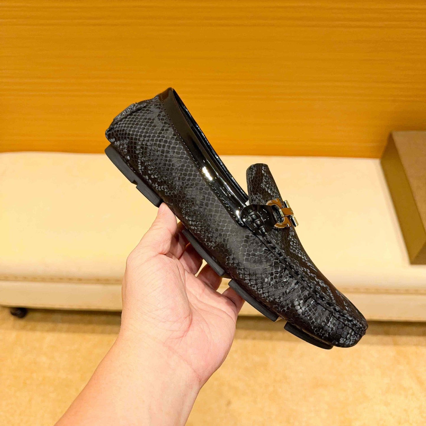 Herren Mokassin Schlangenleder Elegant Metallverschluss